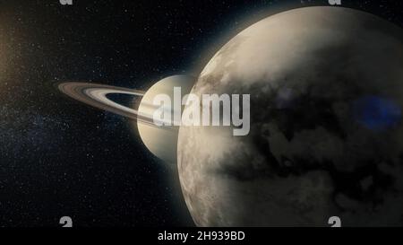 Saturno e il suo sistema ad anello. Vista di Saturno da Titan. Titan Saturno luna. Foto Stock