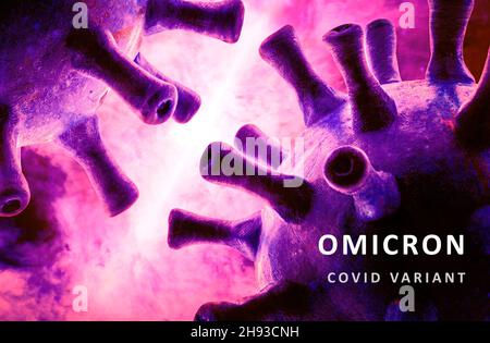 Poster variante Omicron COVID-19, banner viola con germi di coronavirus e iscrizione. Concetto di scienza, tecnologia, virologia, potenza del virus corona, m Foto Stock