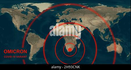 Omicron COVID-19 variante sulla mappa globale, il nuovo coronavirus si diffonde in tutto il mondo dal Sudafrica. Concetto di crisi economica e pandemia da virus corona. E Foto Stock