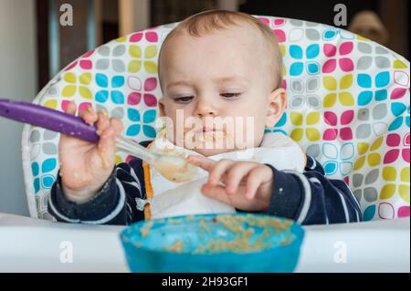 Una bambina (ca. 10 mesi) gioca con il suo cucchiaio mentre ha la sua cena di cibo di purea. Foto Stock