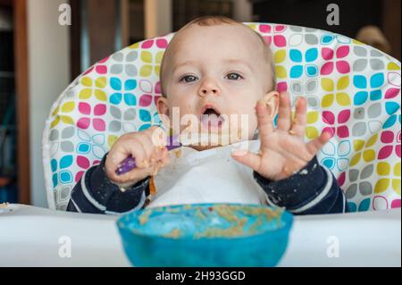 Una bambina (ca. 10 mesi) gioca con il suo cucchiaio mentre ha la sua cena di cibo di purea. Foto Stock