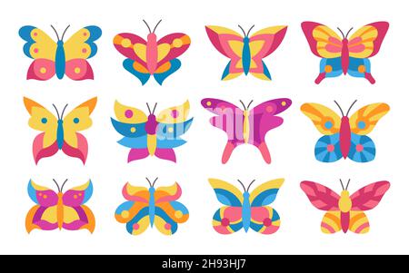 Set ornato colore farfalla. Eleganti farfalle esotiche e falene illustrazione isolata. Insetto tropicale stilizzato astratto, ali luminose. Fauna selvatica bambini disegnati a mano simbolo elementi di disegno vettore Illustrazione Vettoriale