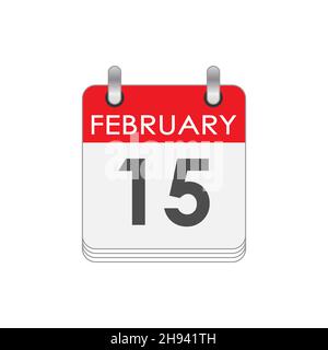 Febbraio 15. Una foglia del calendario flip con la data del 15 febbraio. Stile piatto. Illustrazione Vettoriale