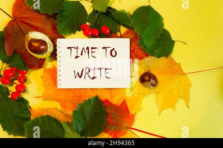 Testo tempo di scrivere, in un notebook su uno sfondo di autunno fogliame .giallo sfondo. Concetto aziendale per traffico urgente. Foto Stock