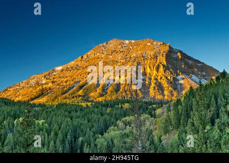 Virginia Peak all'alba, Salt River Range, vista da Grays River Road (FR 10138), Bridger Teton National Forest, Wyoming, USA Foto Stock