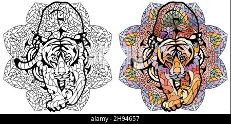 Tiger zentangle stilizzato con mandala, vettore, illustrazione, disegno a mano. Stampa per t-shirt e libri da colorare. Illustrazione Vettoriale