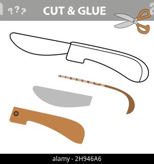 Taglia e colla - gioco semplice per i bambini. Foglio di lavoro per lo sviluppo della formazione sui cartoni animati Gioco per bambini con coltello. Pagina attività. Illustrazione vettoriale. Illustrazione Vettoriale