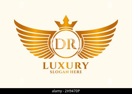 Luxury Royal Wing Letter DR crest Gold color Logo Vector, Victory logo, crest logo, wing logo, modello vettoriale logo. Illustrazione Vettoriale
