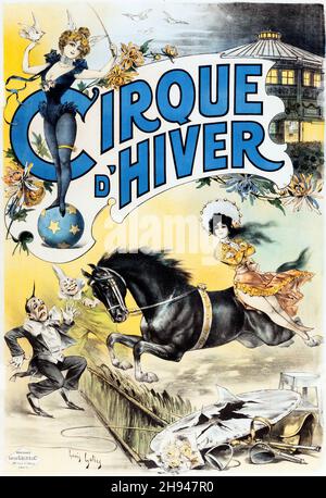 LOUIS GALICE (francese, 1771-1930). Cirque D'Hiver. Poster del circo vintage feat una signora su un cavallo spaventando un clown. Foto Stock