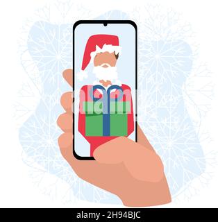 santa si congratula per il Natale e dà un regalo tramite videochiamata in uno smartphone in mano. Illustrazione Vettoriale