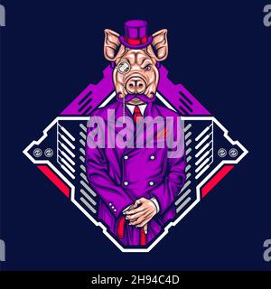 capo uomo di maiale in abito con sfondo impressionante Illustrazione Vettoriale