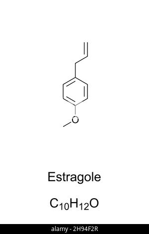 Estragolo, formula chimica e struttura. Anche p-allilanisolo o metil chavicolo componente di trementina (olio di pino), anice, finocchio, baia, dragoncello. Foto Stock