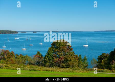 Vista aerea del porto di Portland dalla Eastern Promenade in East End, città di Portland, Maine ME, USA. Foto Stock