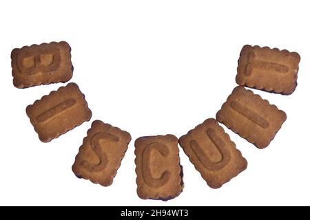 Su uno sfondo bianco di taglio, la parola BISCOTTO è disposta in un semicerchio di biscotti al centro della cornice Foto Stock