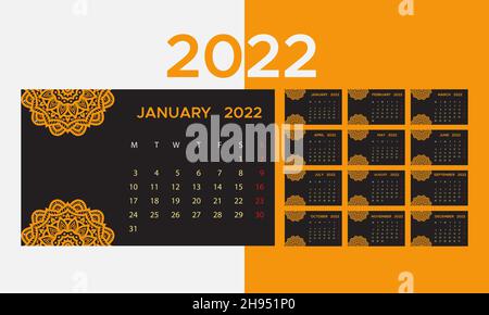 2022 Calendario. Design semplice con calandra di colore scuro e arancione. Illustrazione Vettoriale