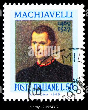 MOSCA, RUSSIA - 24 OTTOBRE 2021: Francobollo stampato in Italia mostra Santi di Tito di Niccolo Machiavelli, circa 1969 Foto Stock