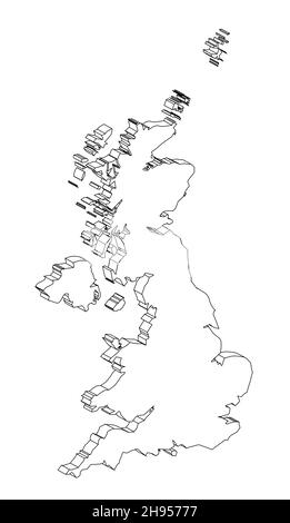 Mappa 3D del Regno Unito di Inghilterra Scozia Irlanda del Nord e Galles su bianco Foto Stock