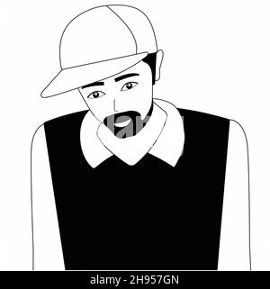 Disegno a mano in bianco e nero. Ragazzo in un cappello, un uomo con una barba. Illustrazione Vettoriale