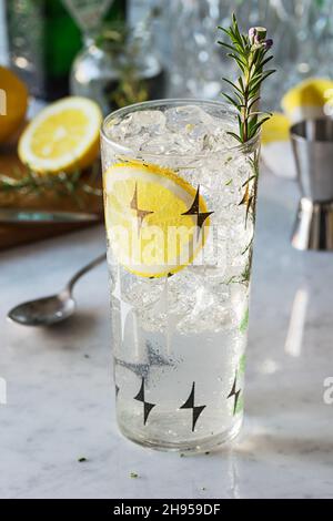 Rosemary Lemon Gin Fizz cocktail drinks Over Ice su Marble Bar Top con ingredienti Foto Stock