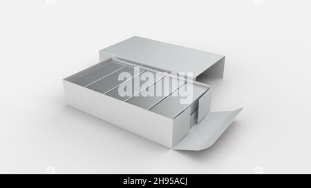 illustrazione 3d dei punti metallici e della scatola dei punti metallici vuota, isolati su sfondo bianco Foto Stock