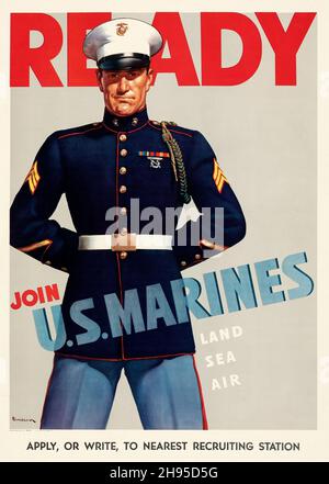 La seconda guerra mondiale Propaganda (Stati Uniti Ufficio stampa governativo, 1942). Poster di reclutamento. "READY - Unisciti a Land Sea Air di US Marines Foto Stock