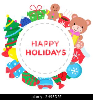 Buone vacanze, carta con diversi elementi di design. Buon Natale e felice anno nuovo stampa. Cornice di clip art. Stampa per decorazione stagionale Illustrazione Vettoriale