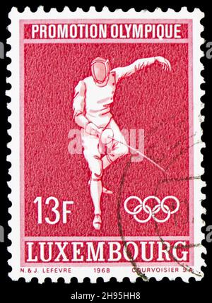 MOSCA, RUSSIA - 24 OTTOBRE 2021: Francobollo stampato a Lussemburgo mostra i Giochi Olimpici - Messico, Giochi Olimpici estivi 1968 - Città del Messico serie, ci Foto Stock