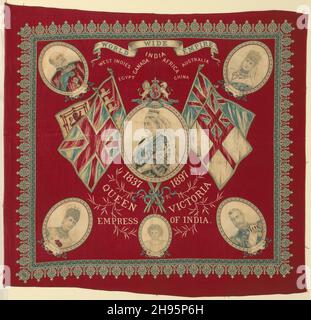 Fazzoletto, Inghilterra, c.. 1897. 'World Wide Empire; West Indies / Egitto / Canada / India / Africa / Cina / Australia / 1837-1897 / Queen Victoria Empress of India'. Souvenir del Victoria's Diamond Jubilee, con ritratti della Regina, del Principe e della Principessa del Galles, della Principessa May, del Principe Edoardo di York e del Duca di York. Foto Stock