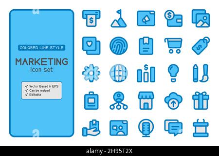 Set di icone di marketing e basato su vettore IT. Può essere utilizzato nei contenuti di marketing. Illustrazione Vettoriale