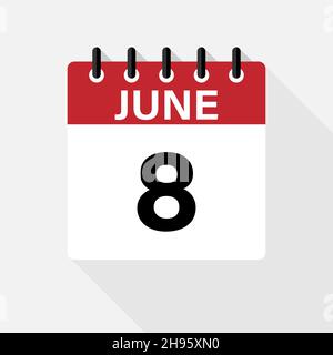 Icona Calendario di giugno. Icona del calendario con ombra. Stile piatto. Data, giorno e mese. Illustrazione Vettoriale