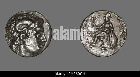 Tetradrachm (Coin) raffigurante Alessandro Magno, 297-281 a.C., emesso da Re Lisimaco di Tracia. Foto Stock