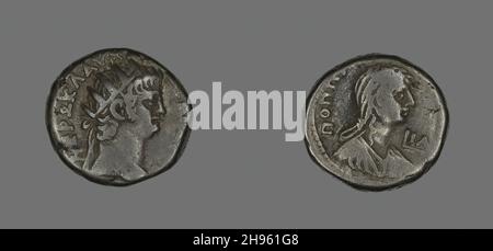 Tetradrachm (Coin) raffigurante l'imperatore Nero, 54-68. Nero che indossa una corona radiata. La seconda moglie di Nerone, l'imperatrice Poppaea, al contrario. Coniò ad Alessandria (nell'Egitto moderno). Foto Stock