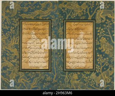 Il bordo illuminato degli animali, pagina doppia da una copia del Gulistan di Sa'dai, dinastia Safavid (1501-1722), 16 ° secolo. Foto Stock