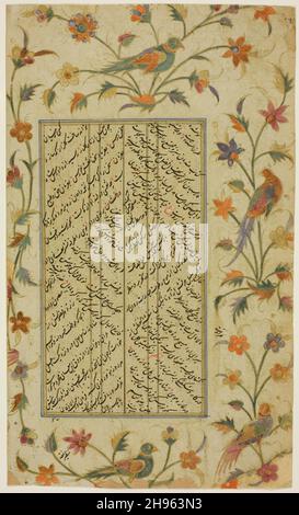 Pagina di un manoscritto a Nasta'liq con un bordo illuminato, dinastia Safavid (1501-1722), XVI secolo. Foto Stock