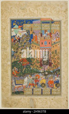 ZAL Climbing to Rudaba, pagina da una copia della Shahnama di Firdausi, dinastia Safavid (1501-1722), datata 1580/90. Foto Stock