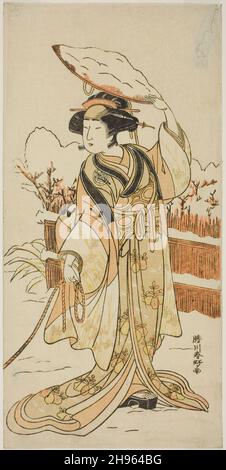 L'attore Yoshizawa Ayame IV come Yadorigi, la sorella di Nikaido Shinanosuke, travestita come Orie, la moglie di Aoto Magosaburo, nella seconda parte della Play Motomishi Yuki Sakae Hachi no Ki (guardando a Falling Snow: Fiorente alberi di patate), eseguito al Teatro Nakamura dal primo giorno dell'undicesimo mese, 1778, c.. 1778. Foto Stock