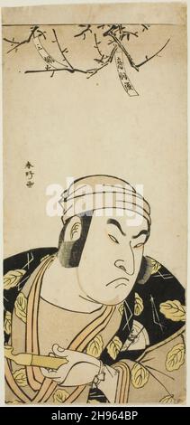 Ritratto del busto dell'attore Onoe Matsusususuke i, forse come Yodohachi il Cowherd nel Joruri "Shitenno Oeyama Iri" (i quattro grandi rimesse di Yorimitsu andare al Mt. OE), dalla seconda parte del gioco Otokoyama furisode Genji (Genji in maniche lunghe a Mt. Otoko), suonato al Teatro Kiri nell'undicesimo mese del 1785, c.. 1785. Foto Stock