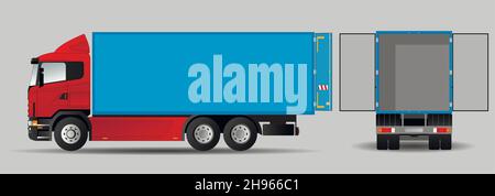 Carrello con porte del rimorchio aperte. Vista laterale e posteriore. Furgone di consegna isolato. Illustrazione vettoriale piatta. Illustrazione Vettoriale
