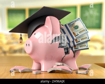 Piggy banca con denaro e tappo di graduazione in un'aula. Risparmi o investimenti nel concetto di fondo per l'istruzione. illustrazione 3d Foto Stock