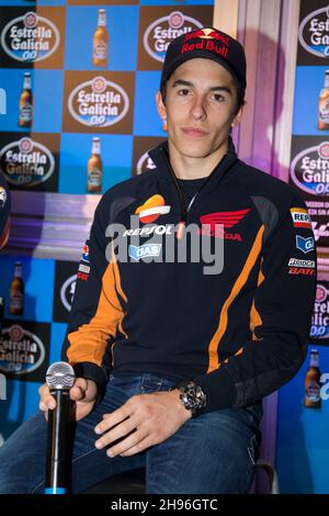 A Coruña-Spagna. Evento promozionale per Marc Márquez, campione del mondo motociclistico presso la sede della fabbrica di birra Estrella Galizia il 30 aprile, Foto Stock