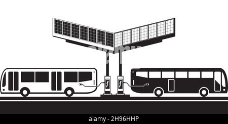 Autobus elettrici alla stazione di ricarica con pannelli solari – illustrazione vettoriale Illustrazione Vettoriale