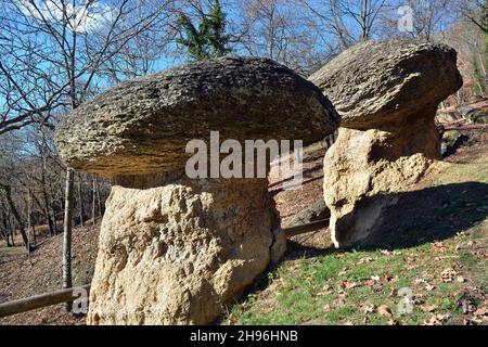 Villar San Costanzo, Piemonte, Italia - la Riserva naturale del Ciciu di Villar con formazioni geologiche a forma di funghi, dovute all'erosione dell'acqua. Foto Stock