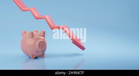 Rovesciato banca morta del piggy vicino ad un grafico in declino. Concetto di fallimento. illustrazione 3d. Foto Stock