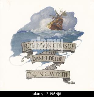 Robinson Crusoe è un romanzo scritto dal romanziere inglese Daniel Defoe e pubblicato nel 1719. Autobiografia immaginaria, racconta la storia di un castaway inglese chiamato Robinson Crusoe (la nave che ha distrutto è visto qui) che ha trascorso 28 anni su una remota isola tropicale vicino al Venezuela prima di essere salvato. Newell Convers Wyeth, noto come N. C. Wyeth, è stato un artista ed illustratore americano. Fu allievo dell'artista Howard Pyle e divenne uno dei più grandi illustratori d'America. Foto Stock