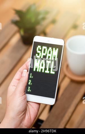 Cartello con la scritta Spam Mail. Panoramica aziendale pubblicità intrusiva messaggi inappropriati inviati tramite le funzionalità di chiamata vocale e video di Internet Foto Stock