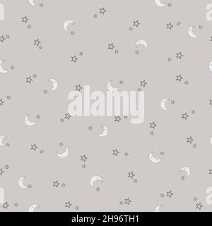 Stelle e modello lunare. Il modello senza giunture del bambino con la Luna sorridente scivolante e le stelle su sfondo marrone pastello. Illustrazione vettoriale Illustrazione Vettoriale