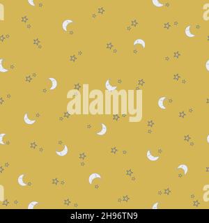 Stelle e modello lunare. Il modello senza giunture del bambino con la Luna sorridente scivolante e le stelle su sfondo giallo. Illustrazione vettoriale Illustrazione Vettoriale