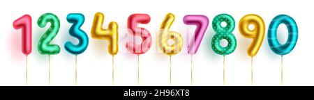 Set vettoriale bollature numeriche colorate. I numeri del foglio di compleanno ballano con conteggio numerico colorato da 0 a 9 per la celebrazione del giorno di nascita e dell'occasione dell'evento. Illustrazione Vettoriale