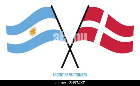 Argentina e Danimarca Bandiere incrociate e ondulate in stile piatto. Proporzione ufficiale. Colori corretti. Illustrazione Vettoriale