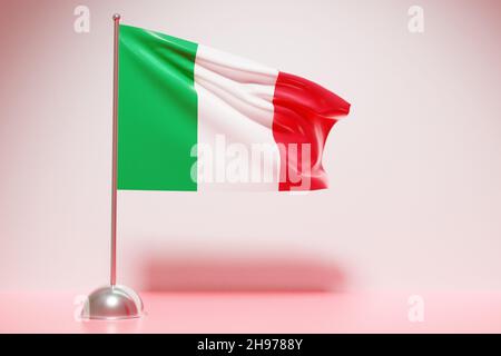 Illustrazione in 3D della bandiera nazionale italiana su un flampolo metallico che fluttering .simbolo del Paese. Foto Stock